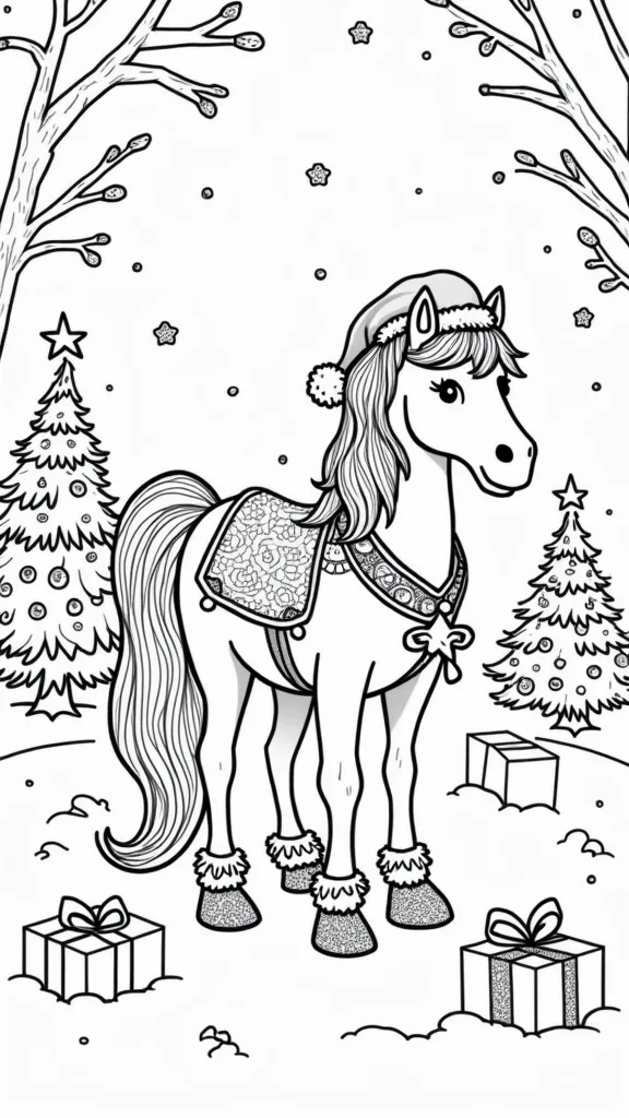 Paginas para colorear de Navidad de caballos